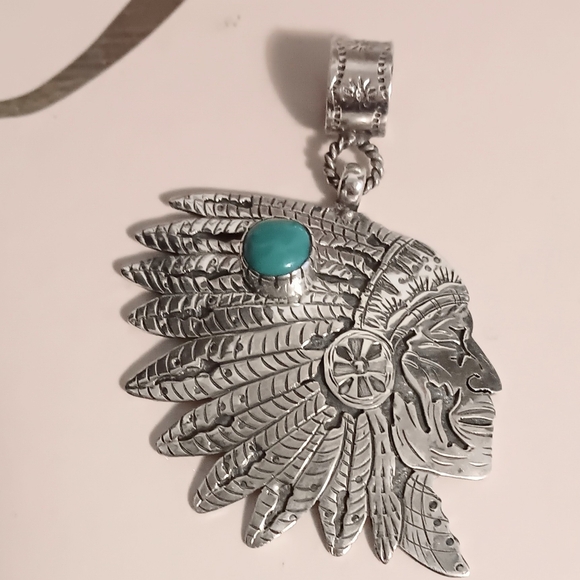 CHIEF HEAD PENDANT 925 STERLING SILVER AND TURQUOISE - Picture 3 of 8